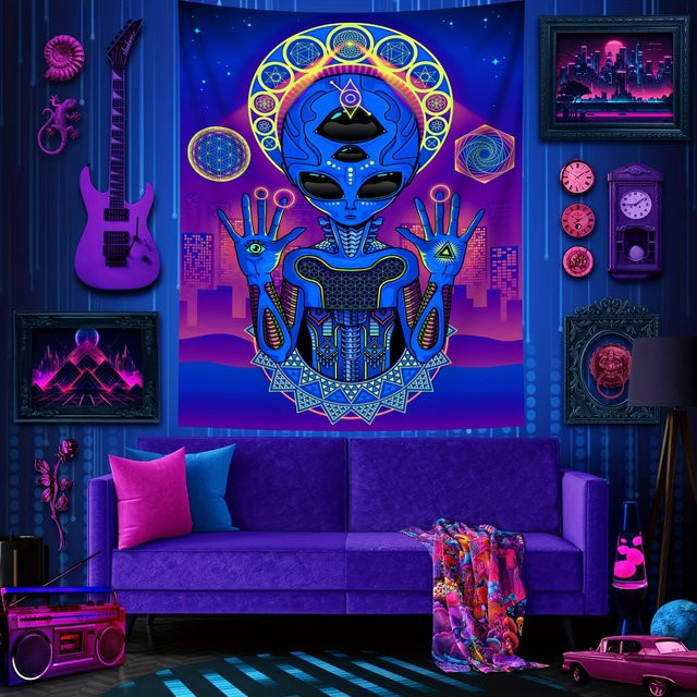 VIKAMA Psychedelic Alien Wandteppich mit Stadt-Nachtlandschaft in Multicolour, B/H: 75 x 58 cm - Bild 1