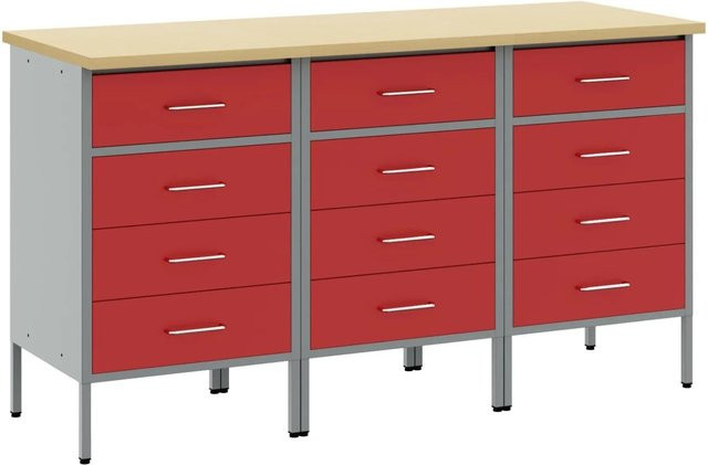 vidaXL Werkbank mit Schubladen in Rot und Grau, 3-teiliges Set im Loft-Stil, B/T/H: 75 x 45 x 85 cm - Bild 1