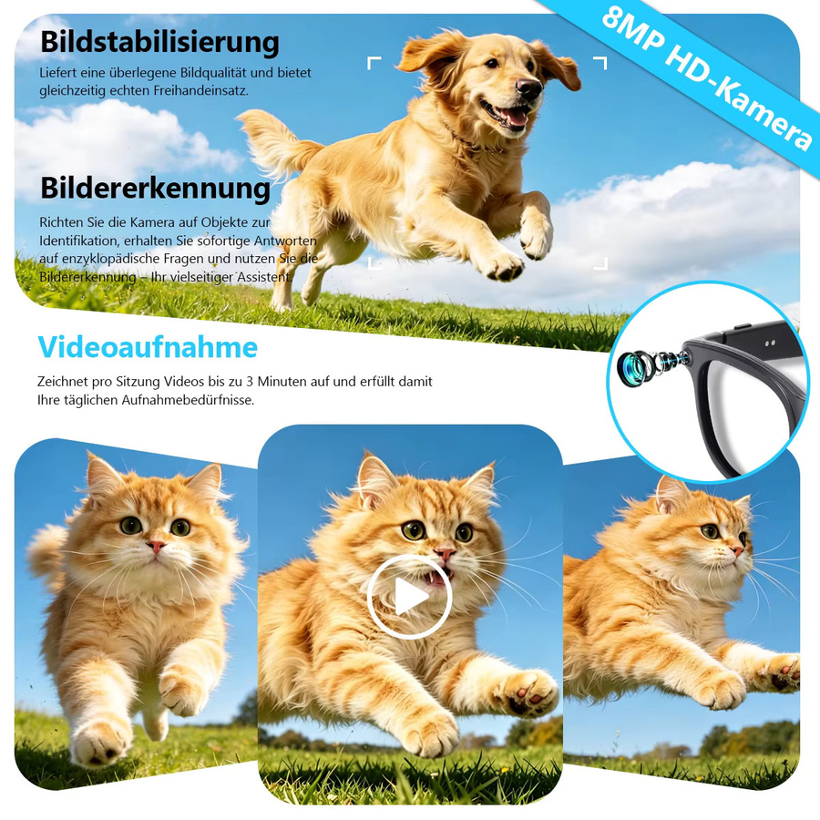 Hganus KI Smart Glasses mit Kamera und 3600 mAh Akku, Intelligente Übersetzung, Foto- und Videoaufnahme, Sonnenbrille in Schwarz, Kompatibel mit ChatGPT, App, WiFi 4 und Bluetooth 5.3 - Bild 5