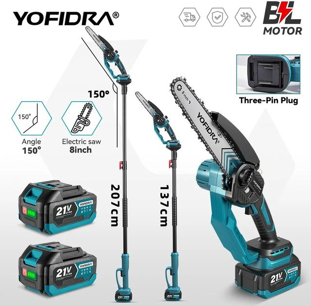 YOFIDRA 8 Zoll Bürstenlose Elektrische Kettensäge mit Teleskopstange und Akku als Kabellose Garten-Baumschere für Makita 21V Akkus - Bild 1