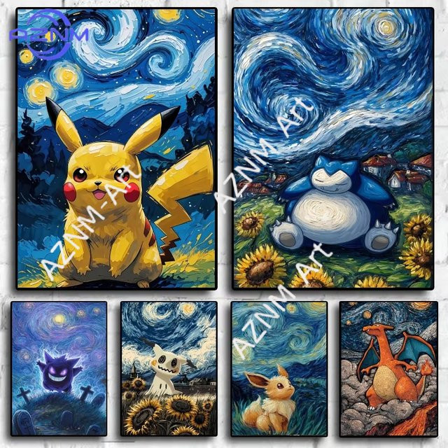 KAYOU Pikachu und Snorlax Wandgemälde im Van Gogh Stil in Mehrfarbig - Bild 1