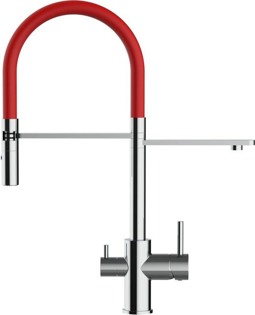 VIZIO Küchenarmatur mit 3-Wege-Wasserhahn, 360° schwenkbarer Auslauf und abnehmbarer 2-Strahl-Handbrause, Verchromt, Rot - Bild 1