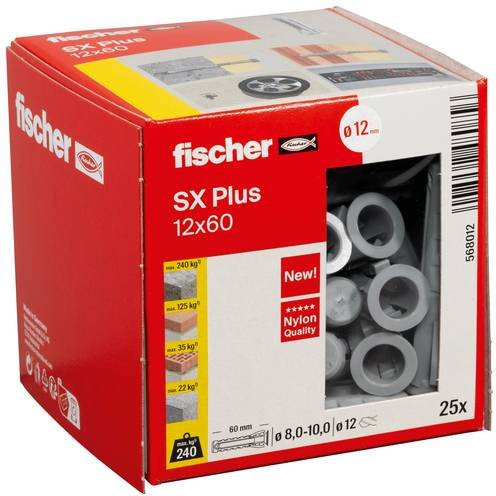 Fischer SX Plus Spreizdübel aus Nylon in Grau, Durchmesser: 12 mm, Länge: 60 mm, 25 Stück - Bild 1