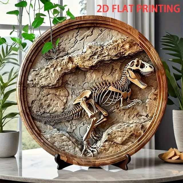 HELLOYOUNG Vintage Dinosaurier-Fossil-Skelett Metall-Wandkunst, Runde 2D Wanddekoration in Braun, Durchmesser: 20 cm - Bild 1