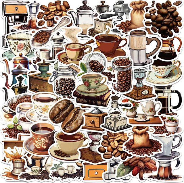50 Stück PickJoy Vintage Kaffee Aufkleber mit Kaffee- und Kaffeebohnen-Motiv in Mehrfarbig - Bild 1