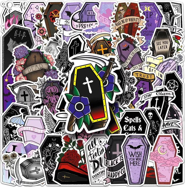 50 Stück GOGOTU Gothic Halloween Aufkleber im Vampir-Sarg-Stil, wasserfeste PVC Sticker für Skateboard, Notebook und DIY-Dekoration, Mehrfarbig - Bild 1
