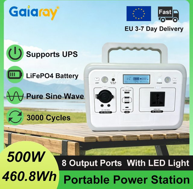 Gaiaray Tragbare Powerstation 500W Solargenerator mit 460,8Wh LiFePO4-Batterie, 220V Reine Sinuswelle, Farbe: Weiß - Bild 1