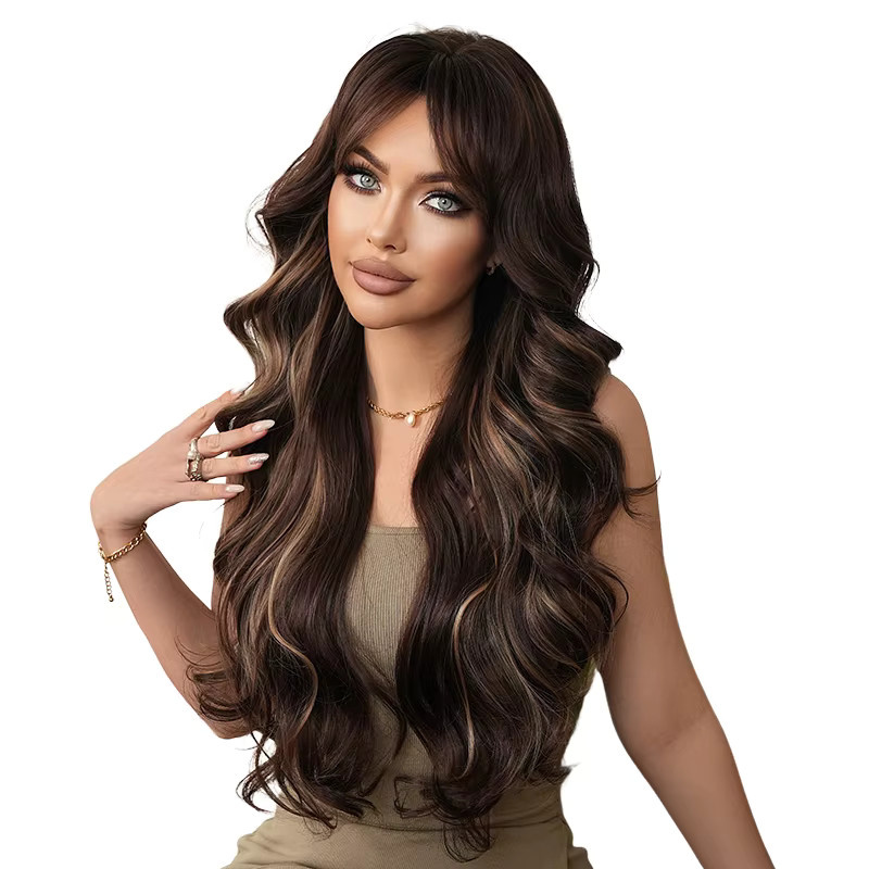 7JHH WIGS Perücke für Damen, lange gewellte dunkelbraune Synthetik-Perücke mit Mittelscheitel und Vorhangfransen - Bild 6