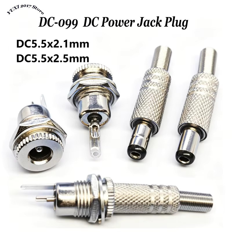 YuXi DC Stromanschluss-Stecker und Buchse Set für Panelmontage mit Lötanschluss, Silber Metall, DC5,5x2,1mm und 5,5x2,5mm - Bild 2