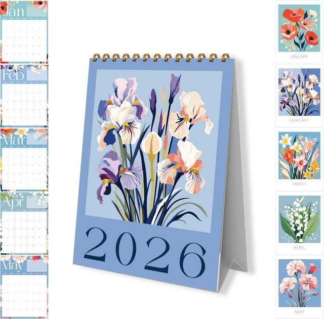 Tischkalender 2026 mit blühenden Blumen in Blau und Memo-Notizen als monatlicher Planer für Zuhause, Büro und Schule - Bild 1