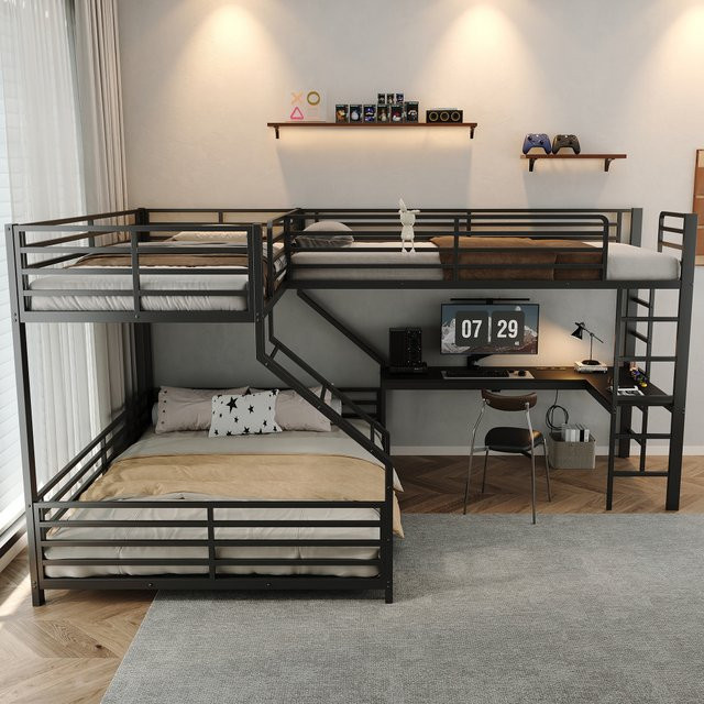 Schwarzes Dreifach-Etagenbett aus Metall mit Schreibtisch und USB- sowie Typ-C-Ladeanschlüssen, EN747-zertifiziertes Hochbett, B/T/H: 90 x 200 cm - Bild 1