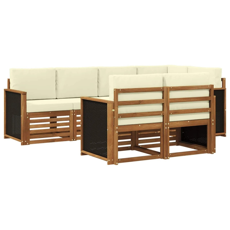 vidaXL Ecksofa Set in L-Form aus massivem Akazienholz mit 6 Mittelsesseln und Kissen in Natur und Creme - Bild 2
