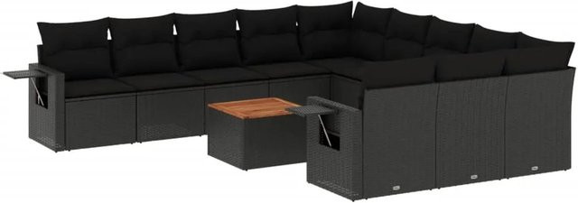vidaXL 12-tlg. Garten-Sofagarnitur in L-Form aus Poly-Rattan und Akazienholz mit Kissen in Schwarz - Bild 1