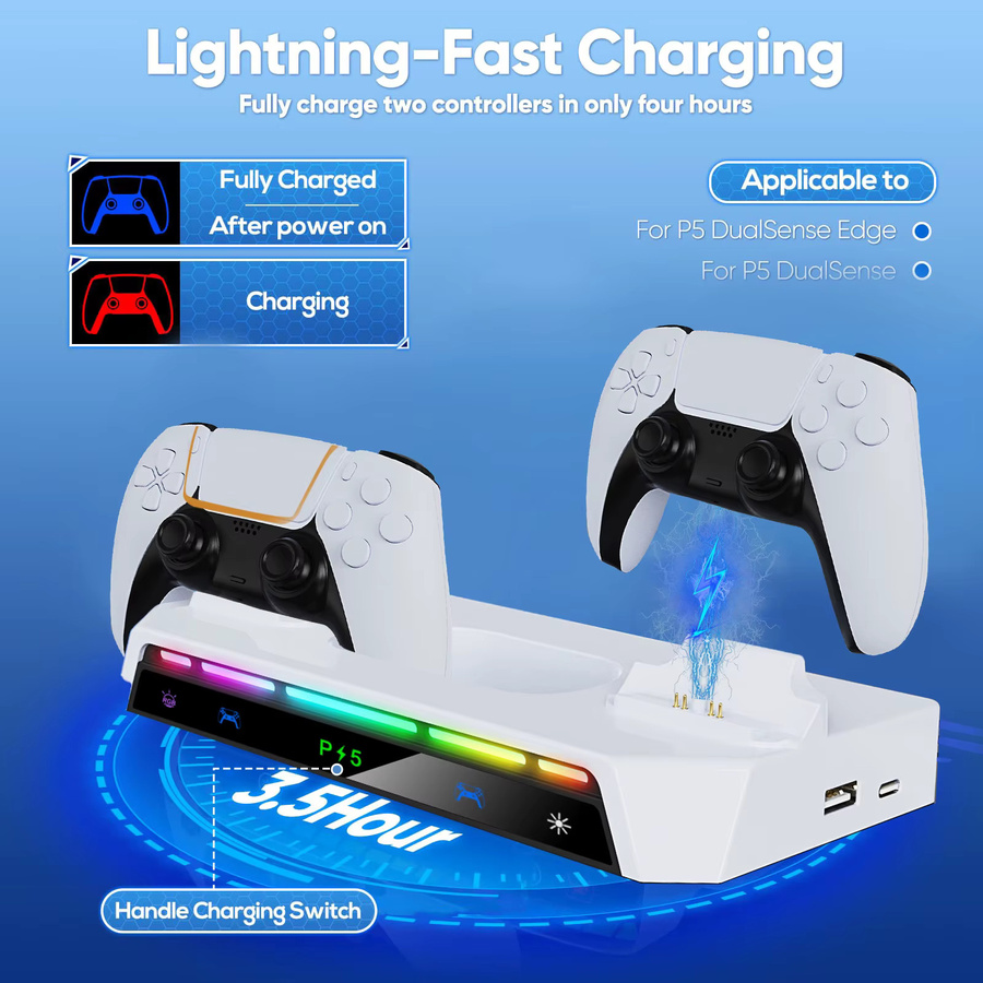TECTINTER Wandhalterungsset für PS5, PS5 Pro und PS5 Slim mit RGB-Beleuchtung, Dual Controller Ladestation und Headset-Aufhänger, Schwarz - Bild 4
