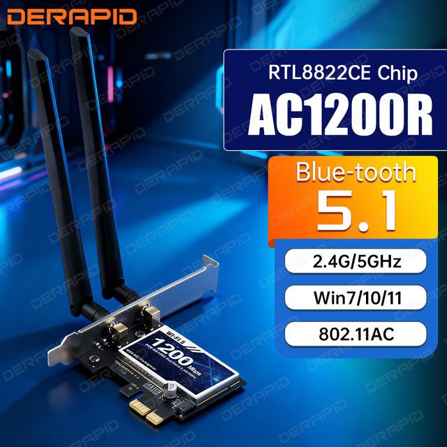 DERAPID Dual Band AC1200 RTL8822CE PCIe WiFi-Karte mit Bluetooth 5.1 für PC, 867 Mbit/s, 5 GHz, Schwarz - Bild 1