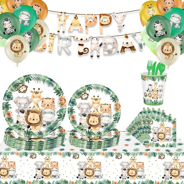 Einweggeschirr Set aus Papier mit Dschungel Safari und Wald Motiv für Kindergeburtstage, buntes Party-Set bestehend aus Tellern, Servietten und Bechern - Bild 1