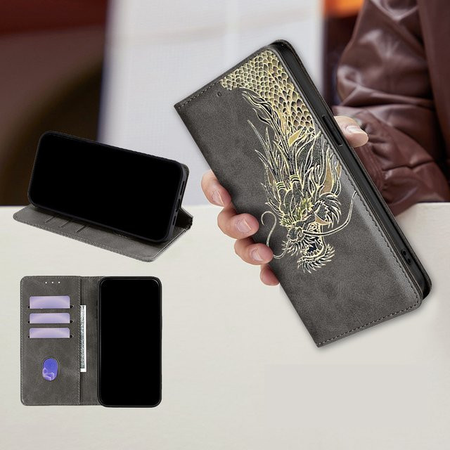 Magnetische Leder-Brieftaschenhülle mit Drachenmuster für Honor Magic 8, Magic 7, Magic 6 Pro, Magic 5 und Magic7 Lite in Braun mit Kartenfächern und Holster - Bild 1