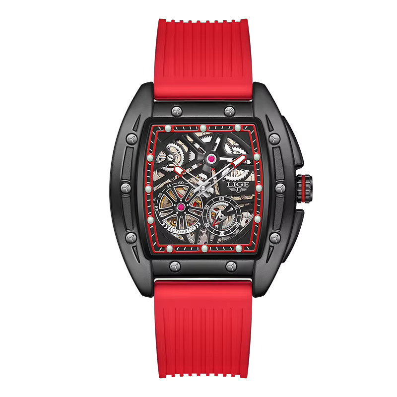 LIGE Armbanduhr Automatik, Skelett, Edelstahl, Kautschuk, Schwarz, Herren - Bild 5