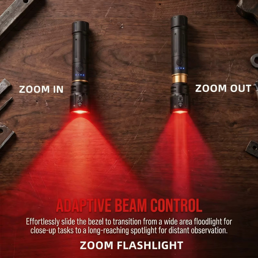 Alonefire Zoom Rotlicht-LED-Taschenlampe aus Aluminium, USB wiederaufladbar, Schwarz - Bild 2