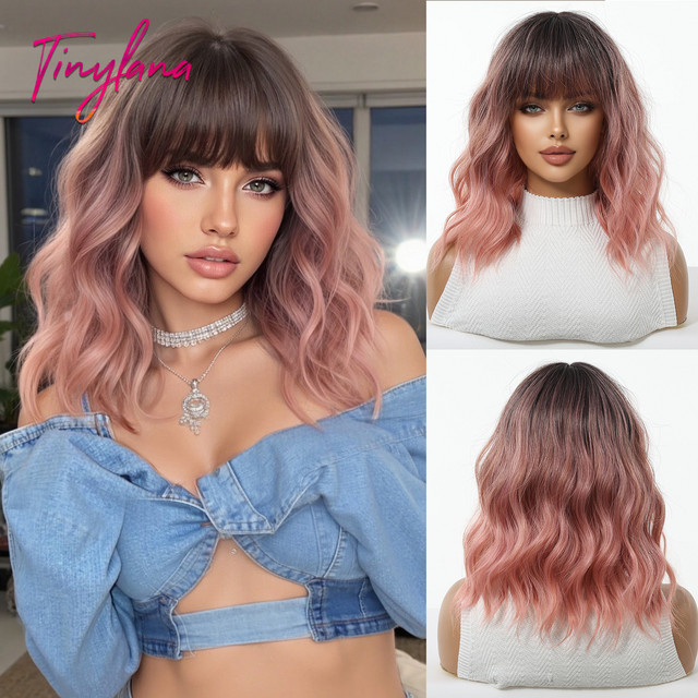 TINY LANA Synthetik-Perücke, Bob, braun-schwarz-rosa Ombre, mit Pony, Damen - Bild 1