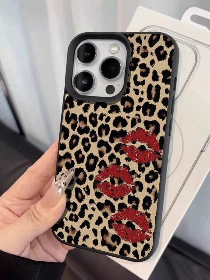 Handyhülle mit Leopardenmuster und Lippenabdruck-Design in Schwarz und Multicolour für Apple iPhone 17, 16, 15 Serien (Plus, Pro, Max) mit Lychee-Textur und Anti-Sturz-Schutz - Bild 4