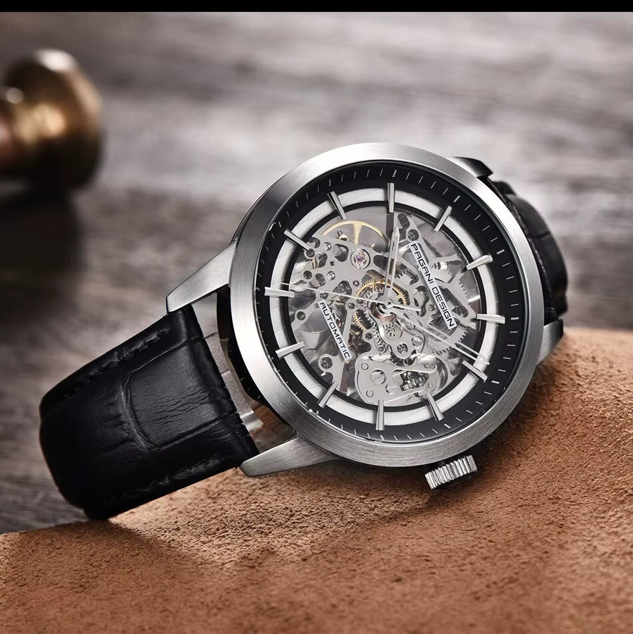 Pagani Design Armbanduhr, Automatik, Edelstahl, Leder, Herren, Schwarz - Bild 5