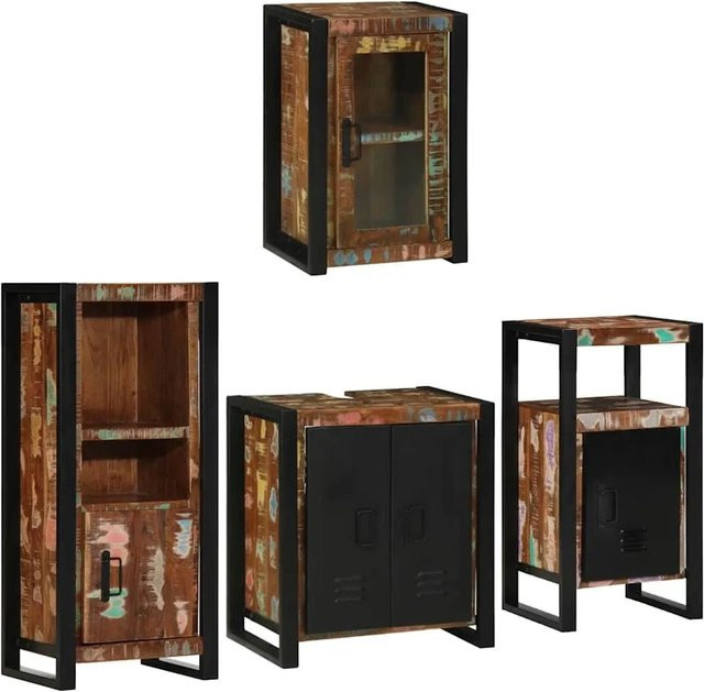 vidaXL Badezimmermöbel Set aus massivem Altholz in Mehrfarbig, 4-teilig mit Waschtischunterschrank, Wand- und Hochschrank im rustikalen Design - Bild 1