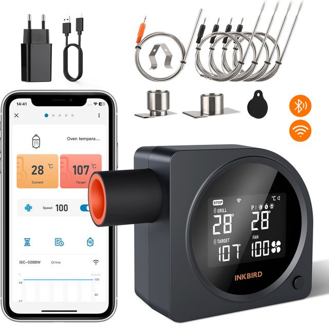 Inkbird ISC-028BW Kabelloser Grill-Temperaturregler in Schwarz mit 5 Sonden und automatischem Raucherventilator - Bild 1