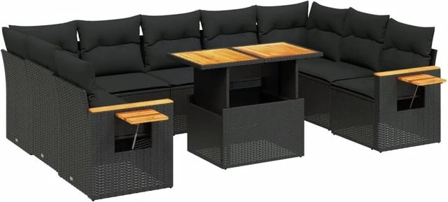 vidaXL 10-teilige Garten-Sofagarnitur aus Poly-Rattan und Akazienholz in Schwarz mit Kissen - Bild 1