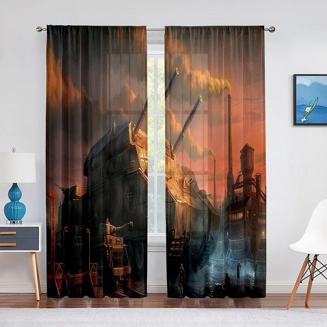 Transparente Tüll-Vorhänge mit Panzer-Motiv von Super Six, Organza-Drapierung für Kinder- und Männerzimmer, Breite: 100 cm, Höhe: 250 cm - Bild 1
