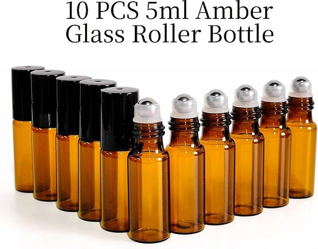 FIGHTYU Roll-On-Flaschen, 10er-Pack, bernsteinfarbenes Glas, 5 ml, Edelstahl-Roller, schwarz - Bild 1