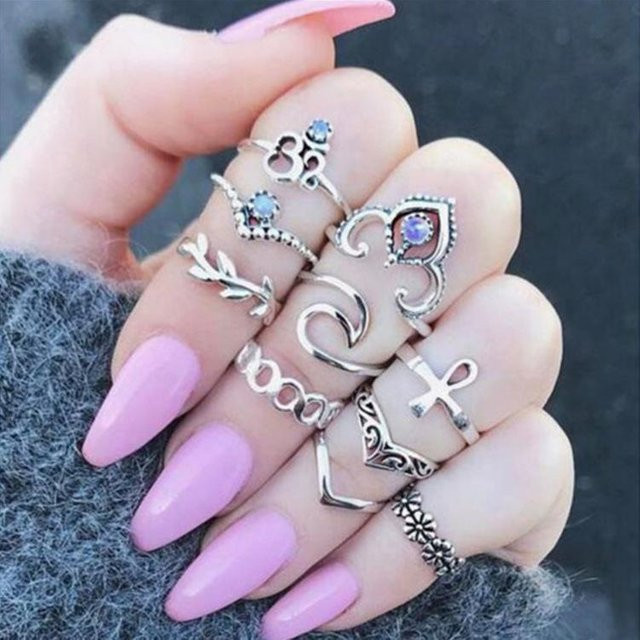 Allbestart Ringset, Ethno-Stil, Retro-Metall-Blumenblatt-Twist, zehnteilig, grau, Damen - Bild 1