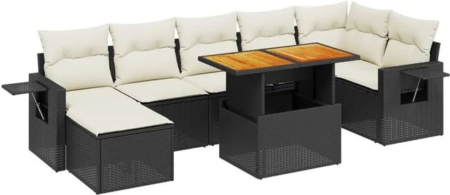 vidaXL 8-teilige Garten-Sofagarnitur in L-Form mit Kissen und Tisch, Schwarz, Poly-Rattan und Metall - Bild 1