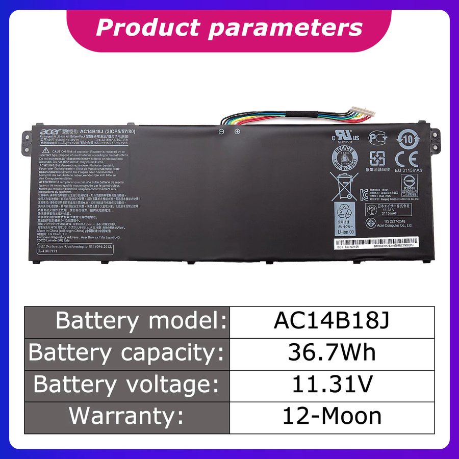 Original Acer Akku AC14B18J AC14B13J für Aspire V5-132P V3-112 Serie ES1-511 ES1-512 Laptop-Akku, Schwarz, 3220 mAh/36 Wh - Bild 2