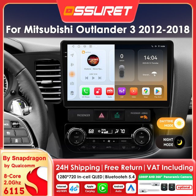 OSSURET 2DIN Android 14 Autoradio für Mitsubishi Outlander 3 2012-2018 mit GPS, Multimedia-Player, Carplay und 360 CAM Unterstützung in Schwarz - Bild 1