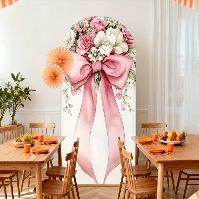 VIKAMA Hintergrundstoff mit rosa Blumen und Schleifen im Shabby Chic Design für Kindergeburtstage und Hochzeiten, Breite: 120 cm, Höhe: 50 cm - Bild 4