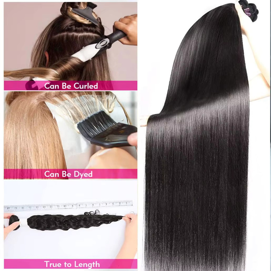 QZOQZO Echthaar-Bündel Glattes Haar, 4 Bündel, Brasilianisches Jungfrauenhaar, Schwarz - Bild 6