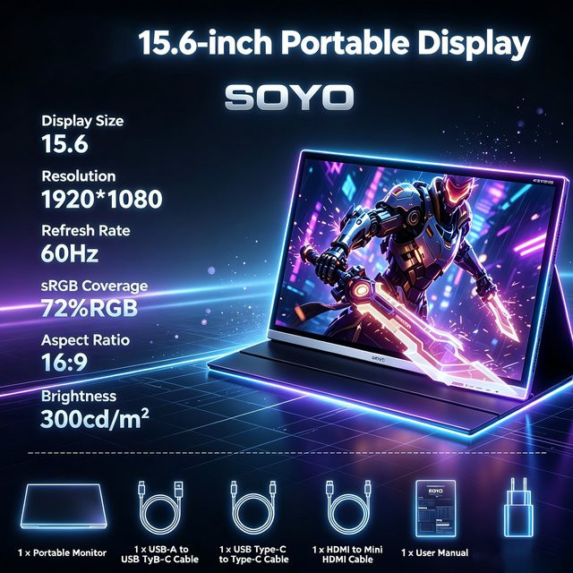 SOYO SY15FN60 Tragbarer Monitor 15,6 Zoll Full HD 1080P 60Hz LCD-Display in Schwarz mit 72% sRGB und 300cd/m² für Laptop, Konsole und PC - Bild 1