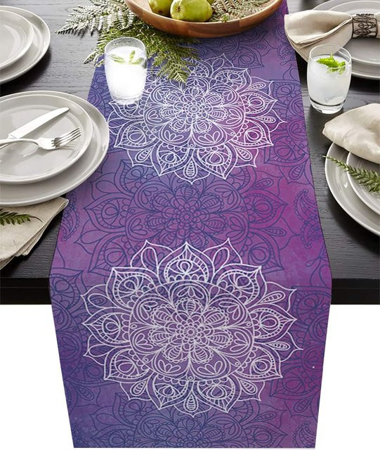 JINGYUE Pet Tischläufer aus Leinen mit Mandala-Blumenmuster in Grau und Lila, B/H: 33 x 150 cm - Bild 1