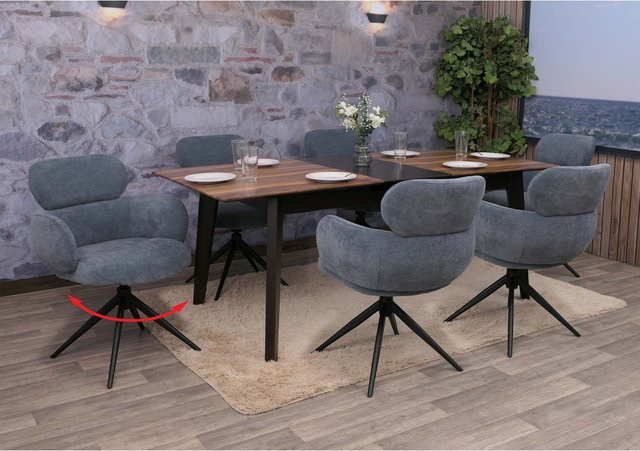 6er-Set MCW Esszimmerstühle O77 mit Auto-Return Funktion aus grau-blauem Chenille Stoff - Bild 1