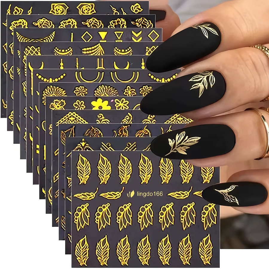 Golden Line Nagelaufkleber, Schwarz-Goldene Blumen, 30 Blatt - Bild 3