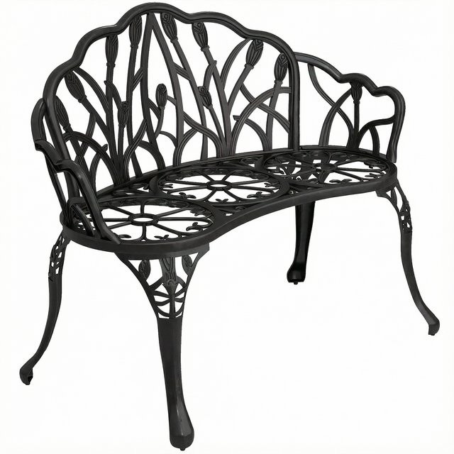 Outsunny Gartenbank 2-Sitzer aus Gussaluminium mit Tulpen-Blumenmotiv in Schwarz, wetterfeste Outdoor Sitzbank für Garten, Park und Balkon, B/T/H: 99 x 57 x 78 cm - Bild 1