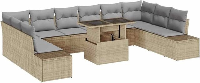 vidaXL Garten-Sofa-Set 11-tlg. in U-Form mit Kissen und Couchtisch, Beige und Hellgrau - Bild 1