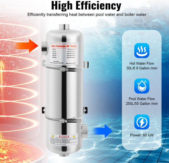 Bymaocar Schwimmbad-Wärmetauscher 60kW für Solar- und Boiler-Poolheizung in Silber - Bild 1