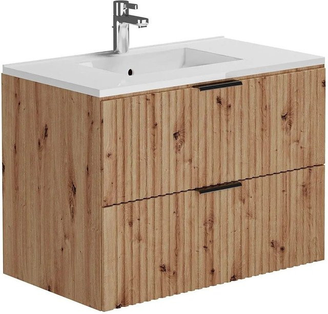Vente-unique Einzelwaschtisch Zevara in Naturfarben Hell mit Streifenoptik, Breite: 80 cm - Bild 1