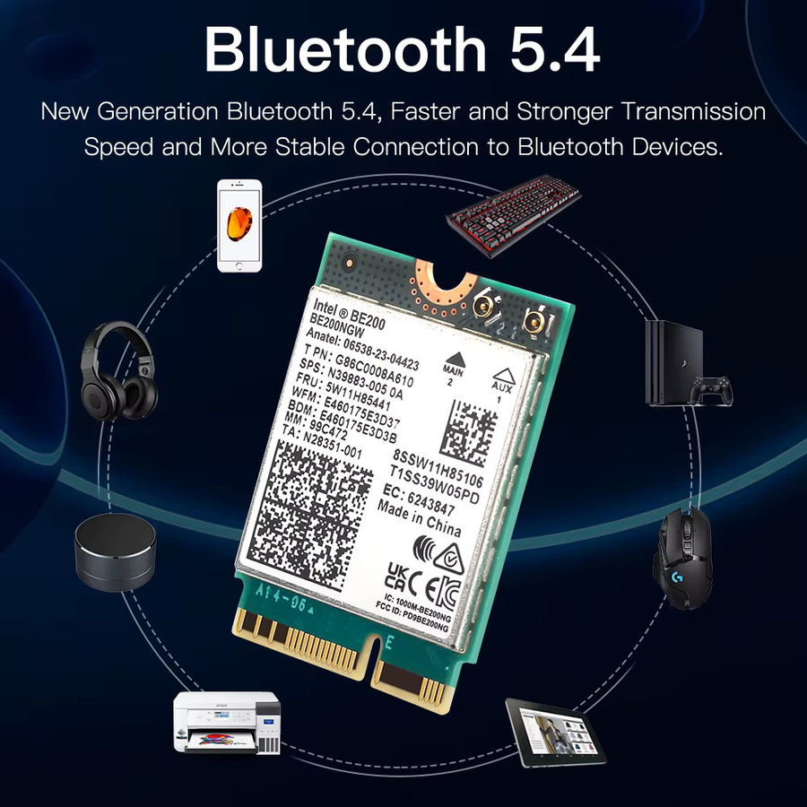 DERAPID BE200 WiFi 7 Netzwerkadapter mit Bluetooth 5.4, Triple Band 2,4G/5G/6GHz M.2 Wireless Adapter inklusive Antenne - Bild 3