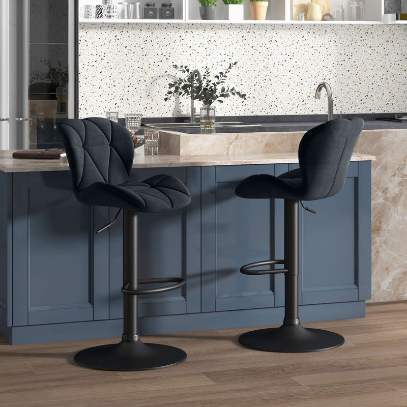 HOMCOM 2er-Set Barhocker mit Rückenlehne, drehbar und höhenverstellbar, Schwarz, Samtbezug mit Diamanttufting - Bild 2