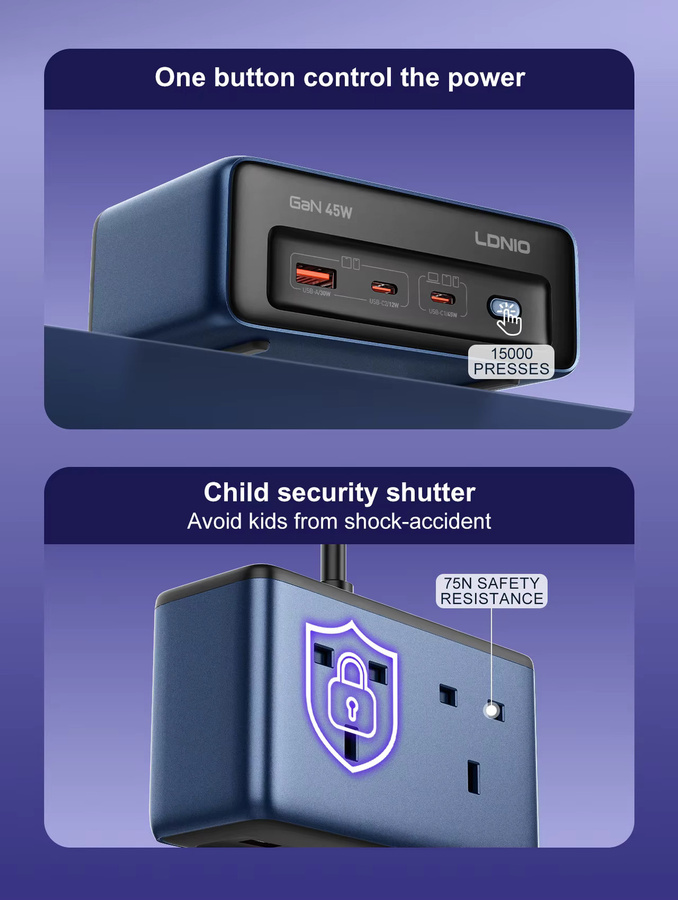 LDNIO 5-in-1 Steckdosenleiste mit Überspannungsschutz, 2 AC UK Steckdosen, 3 USB und 1 USB-C Port, 2 m Verlängerungskabel, Blau - Bild 2