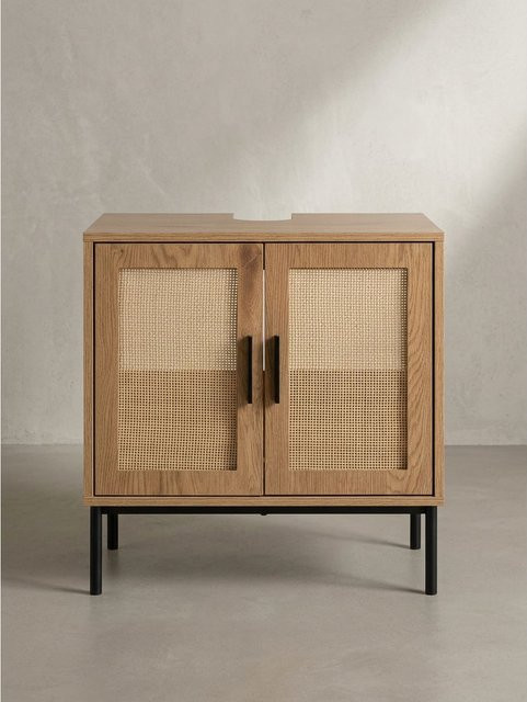 Waschbeckenunterschrank KADIMA DESIGN in Eiche-Optik mit Rattangeflecht und Türen, Braun, B/T/H: 60 x 40 x 60 cm - Bild 1