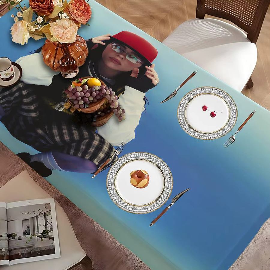 B-Billie E-Eilish Wasserabweisende Tischdecke aus Leinen in Blau, Rechteckig mit Grafikdesign für Hochzeit und Heimdekoration - Bild 3